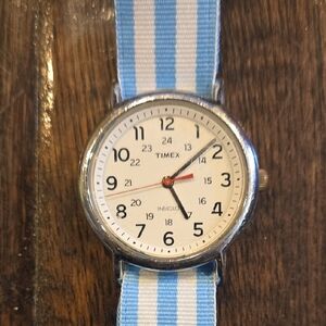 Timex Classic Silver Watch with Blue Striped Band